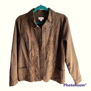 Denim & Co. Brown Cotton Lined Jacket with Embroidery Design on front Size Small